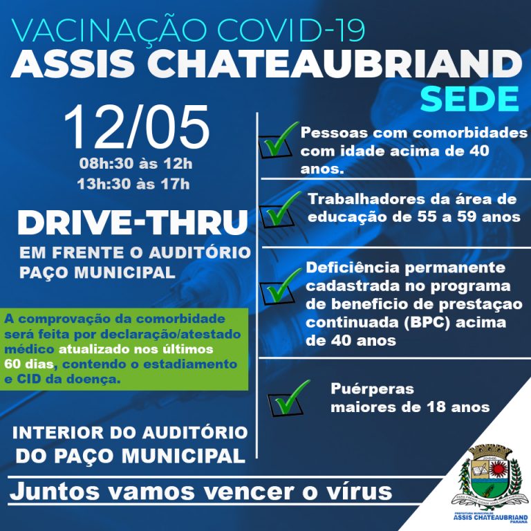 Pessoas com comorbidades acima dos 40 anos serão imunizadas em Assis Chateaubriand
