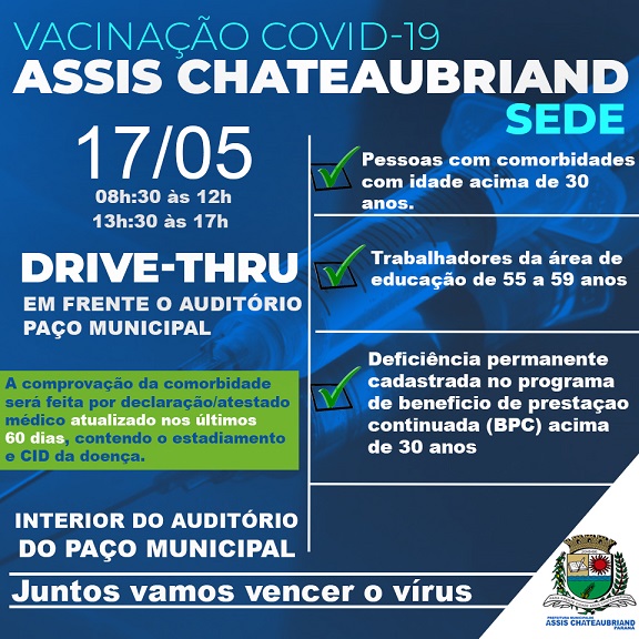Pessoas com comorbidades acima dos 30 anos serão vacinadas em Assis Chateaubriand