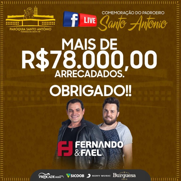 Live em comemoração ao padroeiro de Formosa do Oeste arrecadou mais de R$78 mil