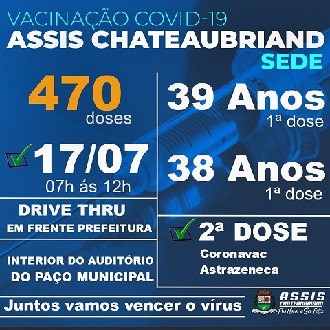 Assis Chateaubriand vacina hoje pessoas com 39 e 38 anos