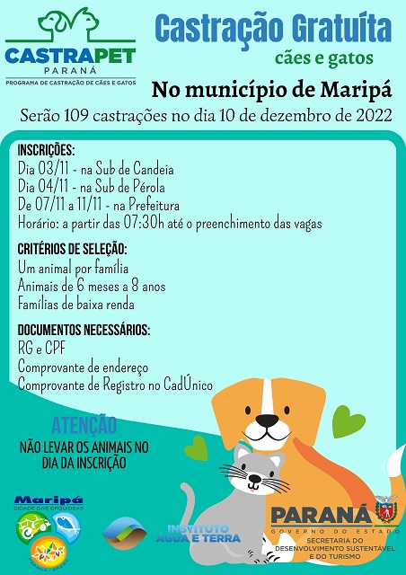 Maripá recebe programa CastraPet Paraná em dezembro; saiba como se inscrever