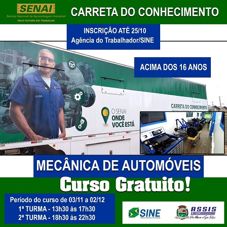 Abertas inscrições para curso de mecânica de automóveis no Sine