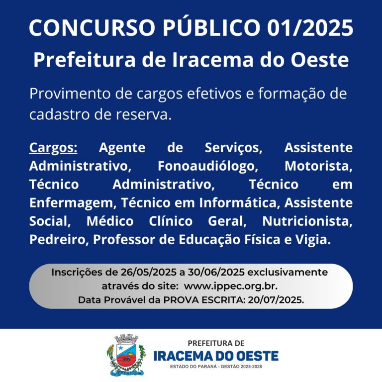 Prefeitura de Iracema do Oeste abre concurso para diversas áreas e salários de até R$16.500,00