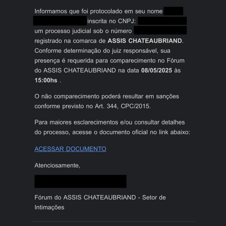 Alerta sobre golpes envolvendo falsos e-mails de intimação