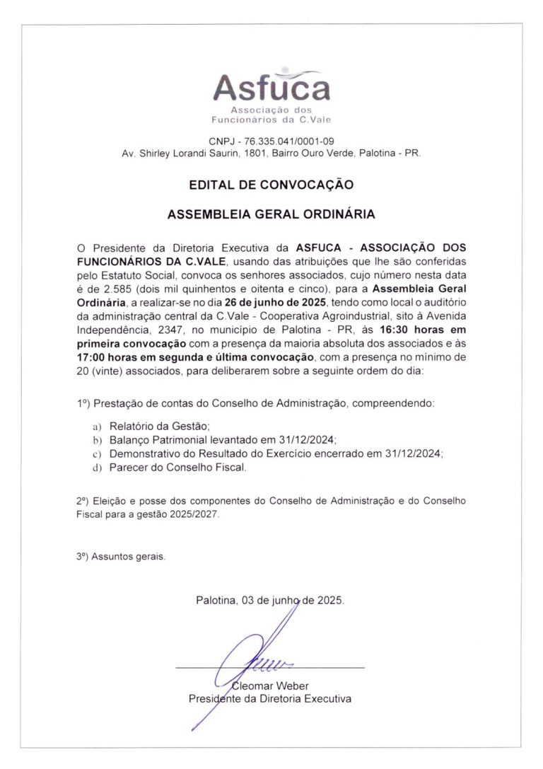 Asfuca: Edital de Convocação para Assembleia Geral Ordinária
