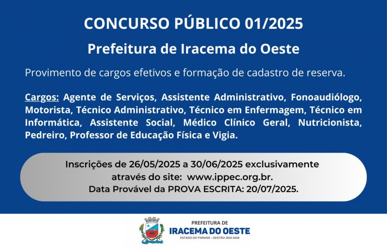 Prefeitura de Iracema do Oeste abre concurso para diversas áreas e salários de até R$ 16.500