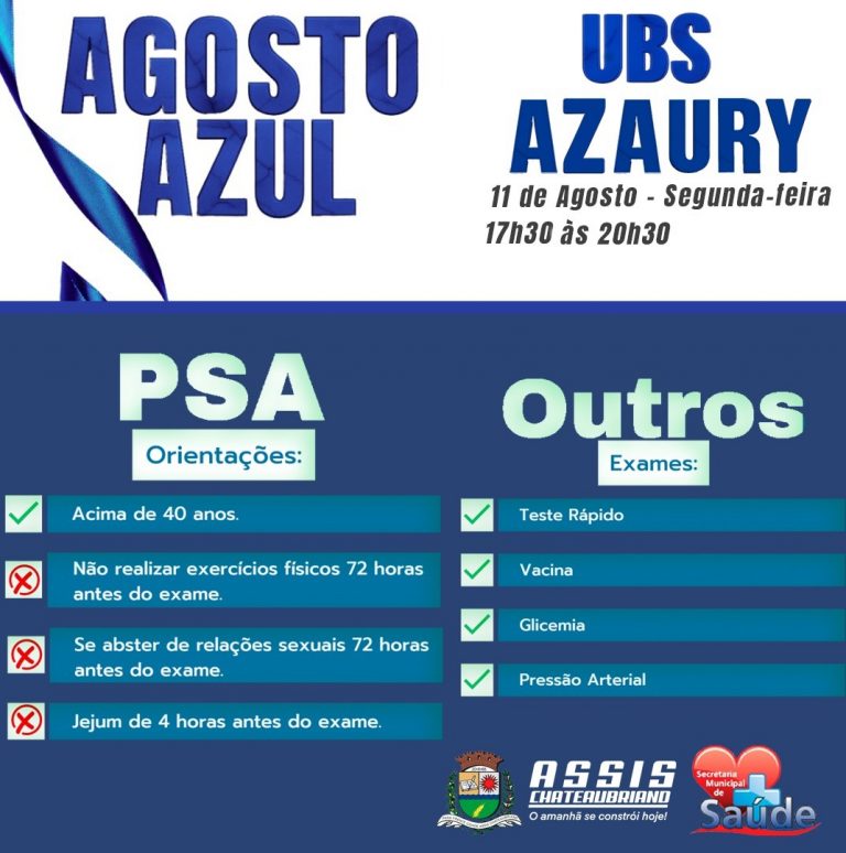 Campanha Agosto Azul: Ação na UBS do Engenheiro Azaury nesta segunda das 17h30 às 20h30