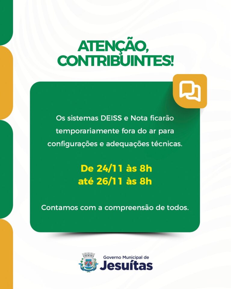 Sistemas DEISS e Nota ficarão temporariamente fora do ar para manutenção em Jesuítas