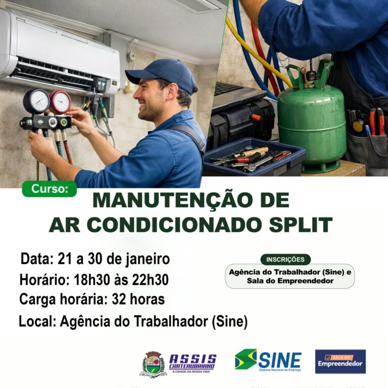 Curso gratuito de Instalação e Manutenção de Ar-Condicionado Split  Inscrições a partir de segunda-feira (12)