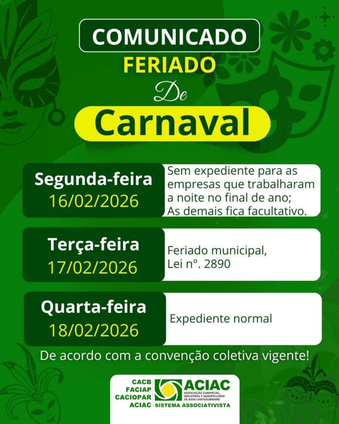 ACIAC e Sindilojistas informam: comércio fecha na segunda e terça de Carnaval