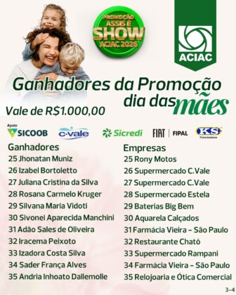 Assis &eacute; Show do Dia das M&atilde;es: ACIAC sorteia R$ 51 mil na promo&ccedil;&atilde;o e conta com presen&ccedil;a de seis ex-presidentes