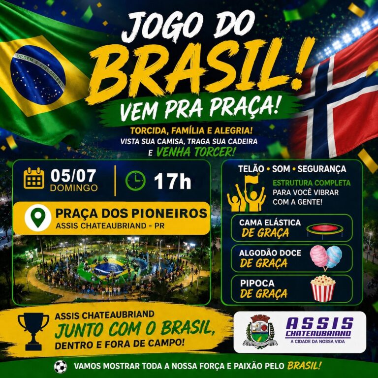 Praça dos Pioneiros terá telão de LED e estrutura para jogo do Brasil neste domingo