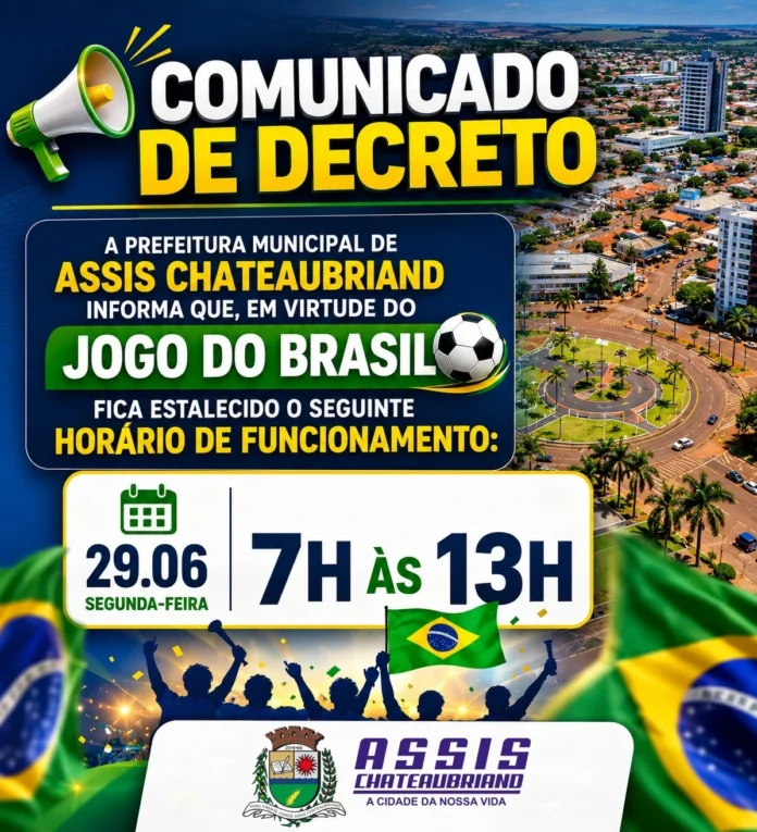 Prefeitura de Assis Chateaubriand altera horário de expediente devido a jogo da Seleção Brasileira