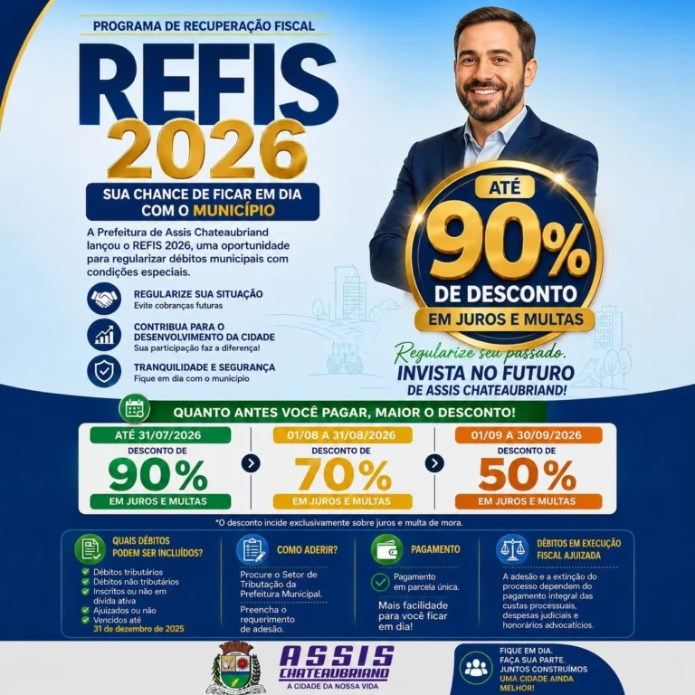 REFIS 2026: Assis Chateaubriand oferece até 90% de desconto em juros e multas de impostos atrasados